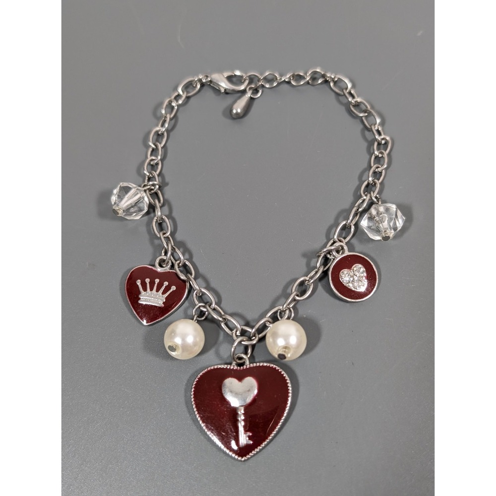 Red Heart Crown Charm Bracelet‎ Faux Pearl Gothic Queen Style 9"